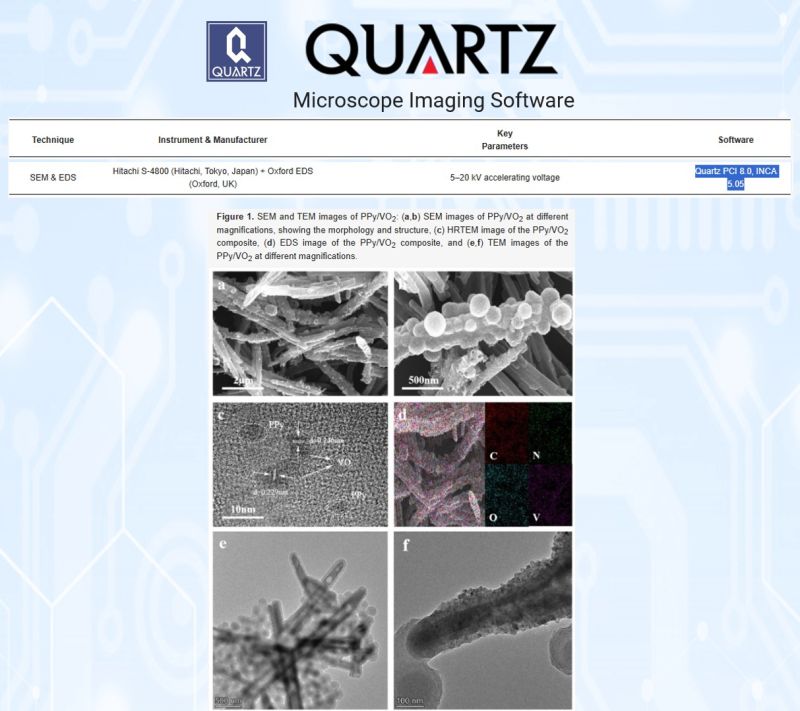 SEM, TEM, and elemental mapping images of PPy/VO2 nanorod composites for zinc-ion battery cathodes, with Quartz PCI